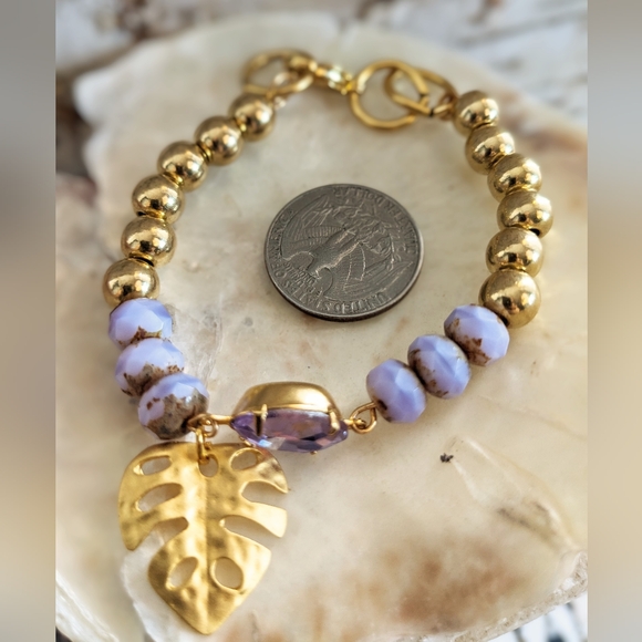 Lavender Glass w/ Purple AB Center and Gold Beads In Gold Plated Bracelet - Picture 5 of 7